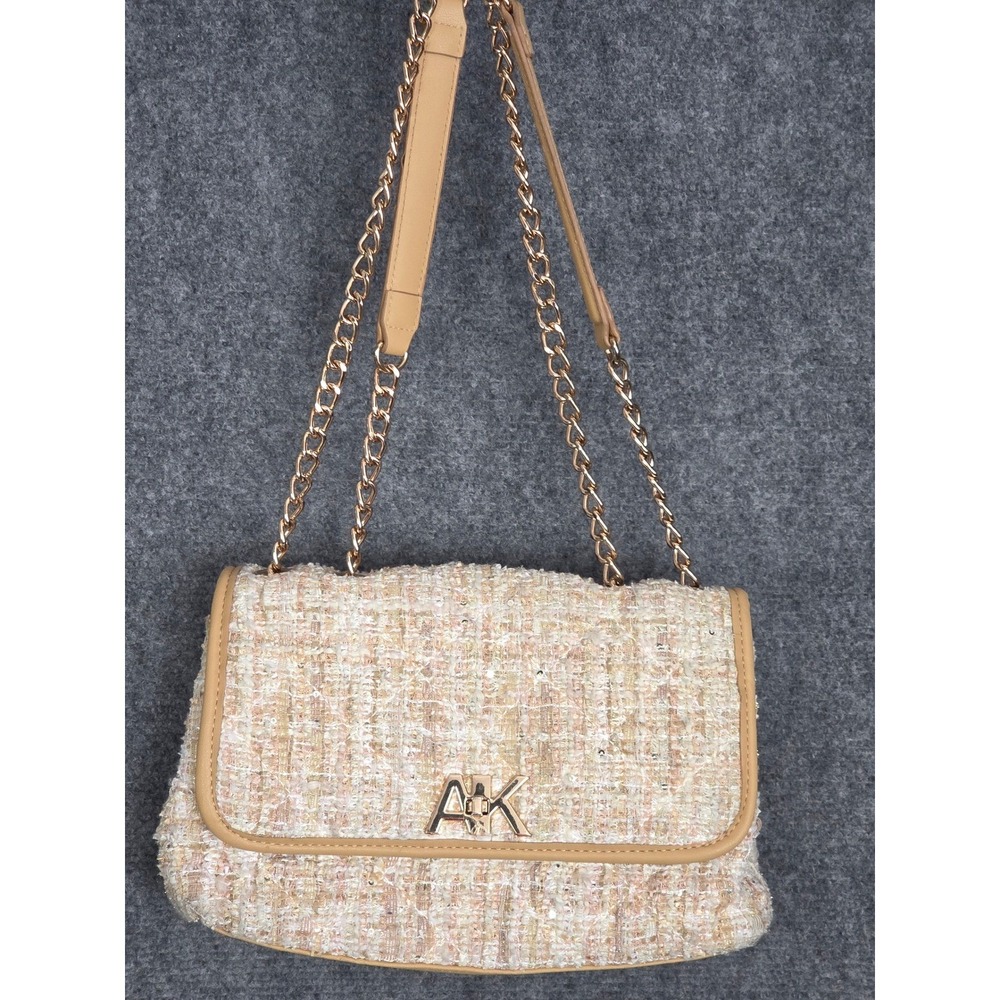 Anne‎ Klein Beige Tweed Boucle Crossbody Bag Gold Chain Purse Flap Shoulder Bag